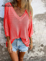 Women's Solid Color Stylish Hollow Long-sleeved V-neck Casual Knitted Top