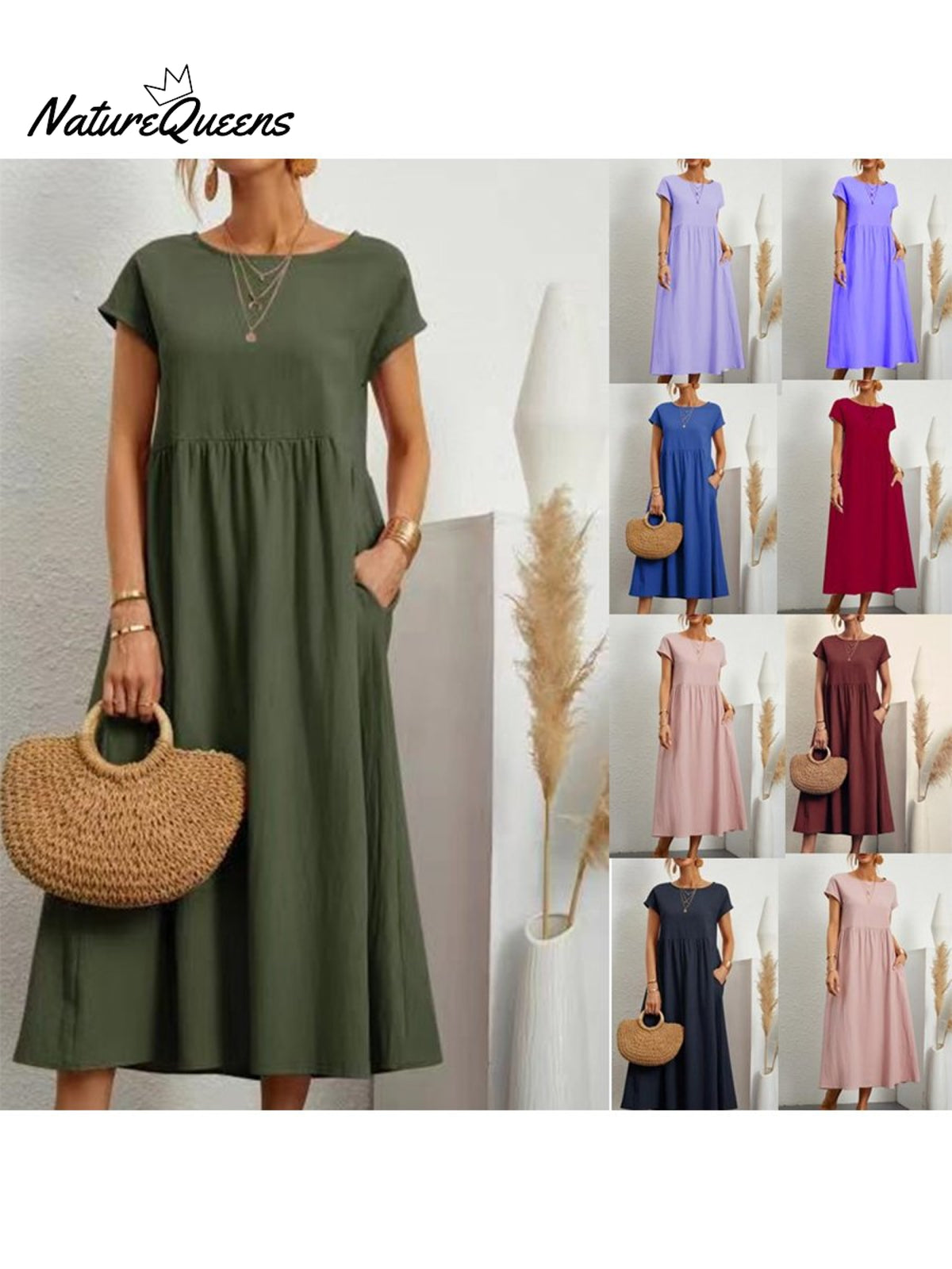 Women’s Solid Color Cotton Linen Round Neck A - Line Dress