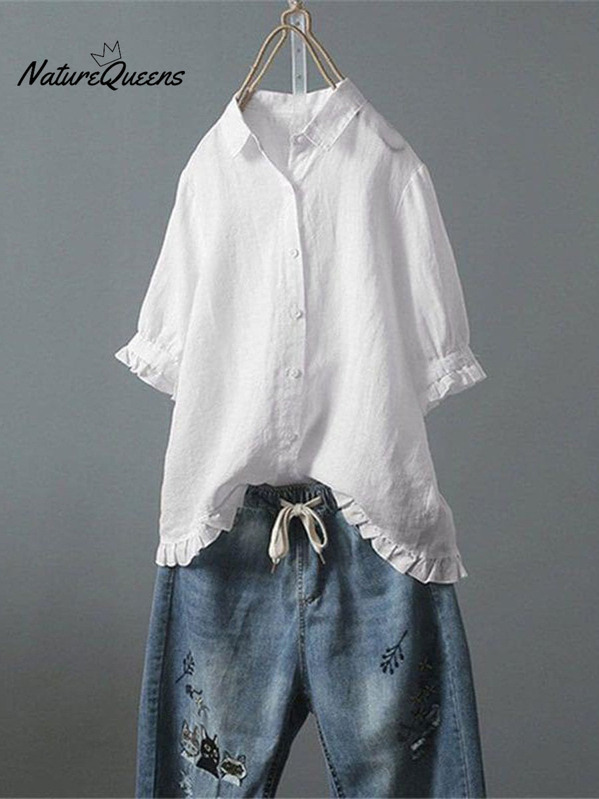 Women's Cotton and Linen Casual Single-Row Button Ruffle Shirt