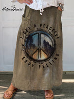 Retro Hippie Art Print Linen Pocket Skirt
