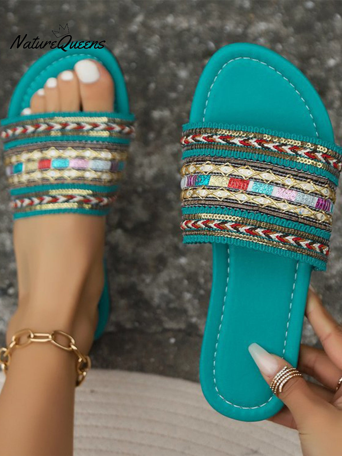 Women’s Pu Braided Bohemian Slippers Green / 36