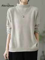 Women's Retro Solid Color Loose Elegant Half Turtleneck Casual Pullover Knitted Sweater