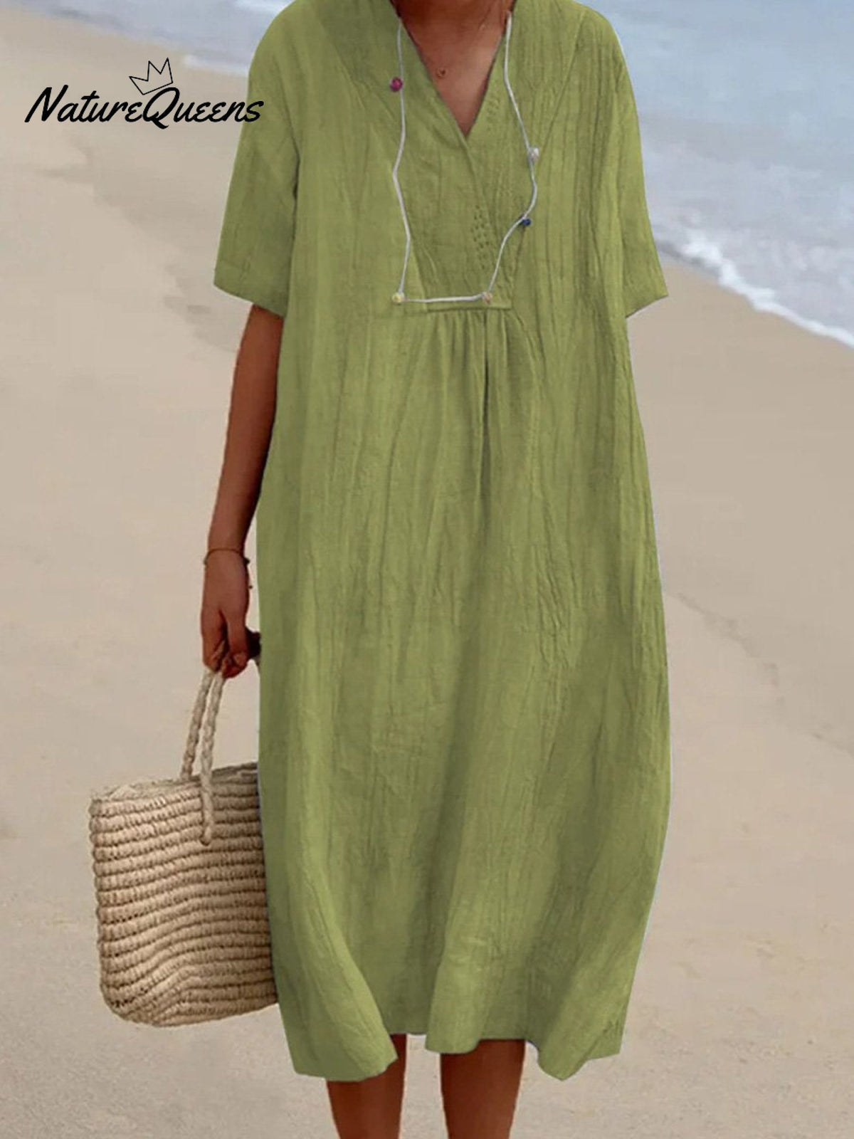 Women’s Solid Color Cotton And Linen Short Sleeve Dress Light Green / S