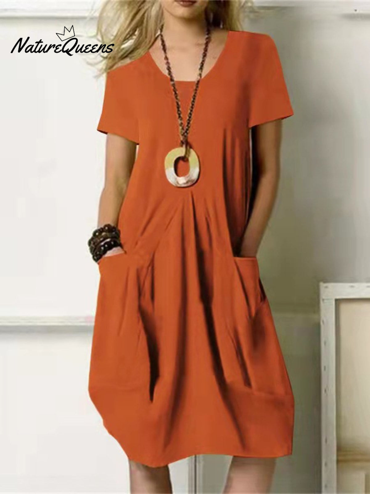 Women’s Round Neck Cotton Linen Casual Dress Orange / S