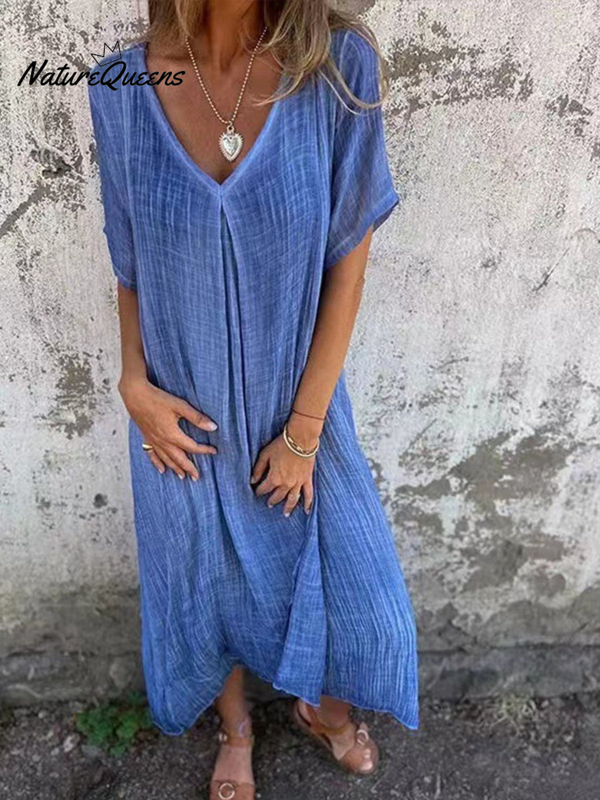 Stylish Cotton And Linen V - Neck Dress Blue / Xs
