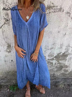 Stylish Cotton And Linen V - Neck Dress Blue / Xs