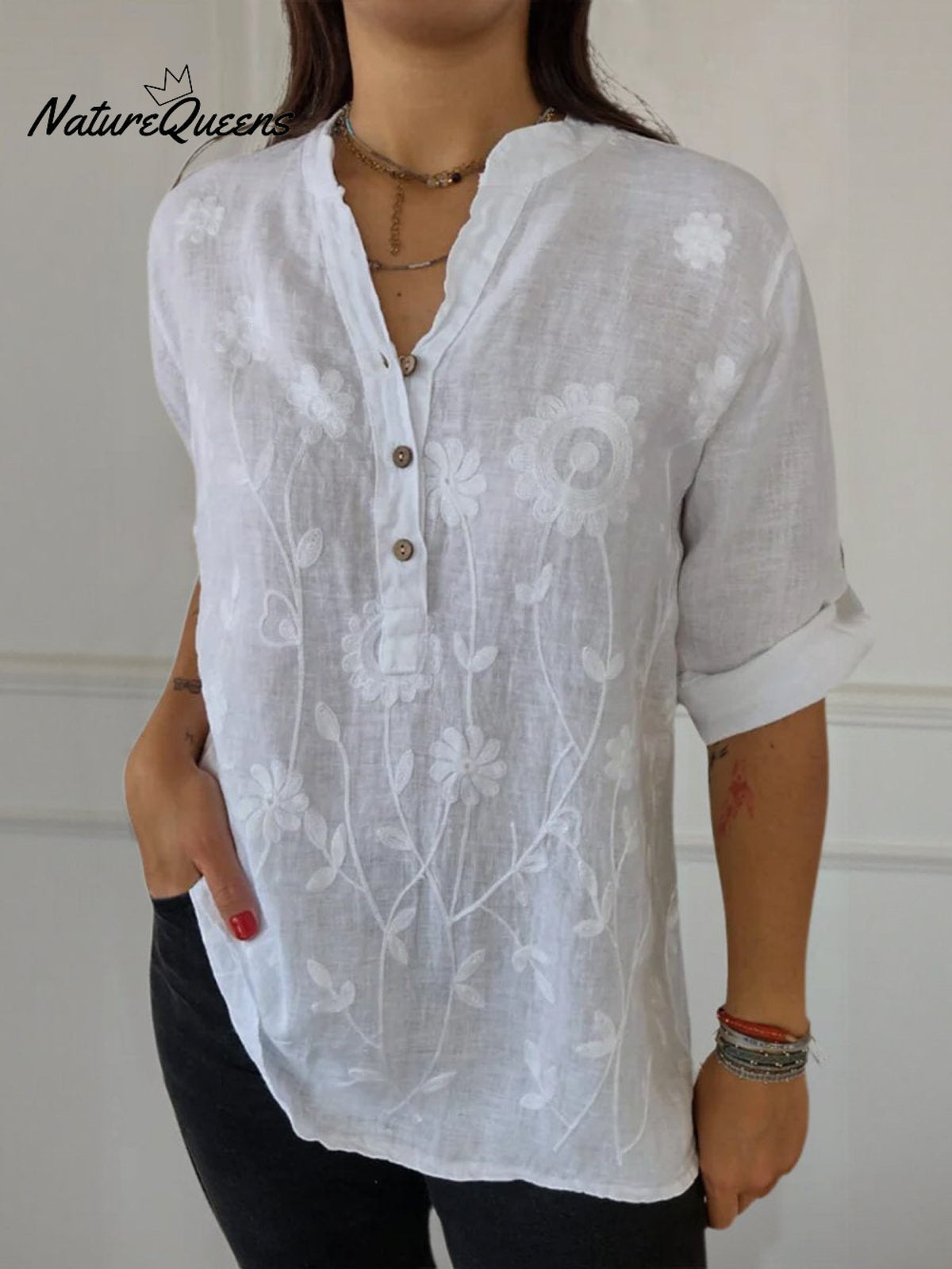 Women's Art Print Casual Cotton And Linen Henry Collar Shirt