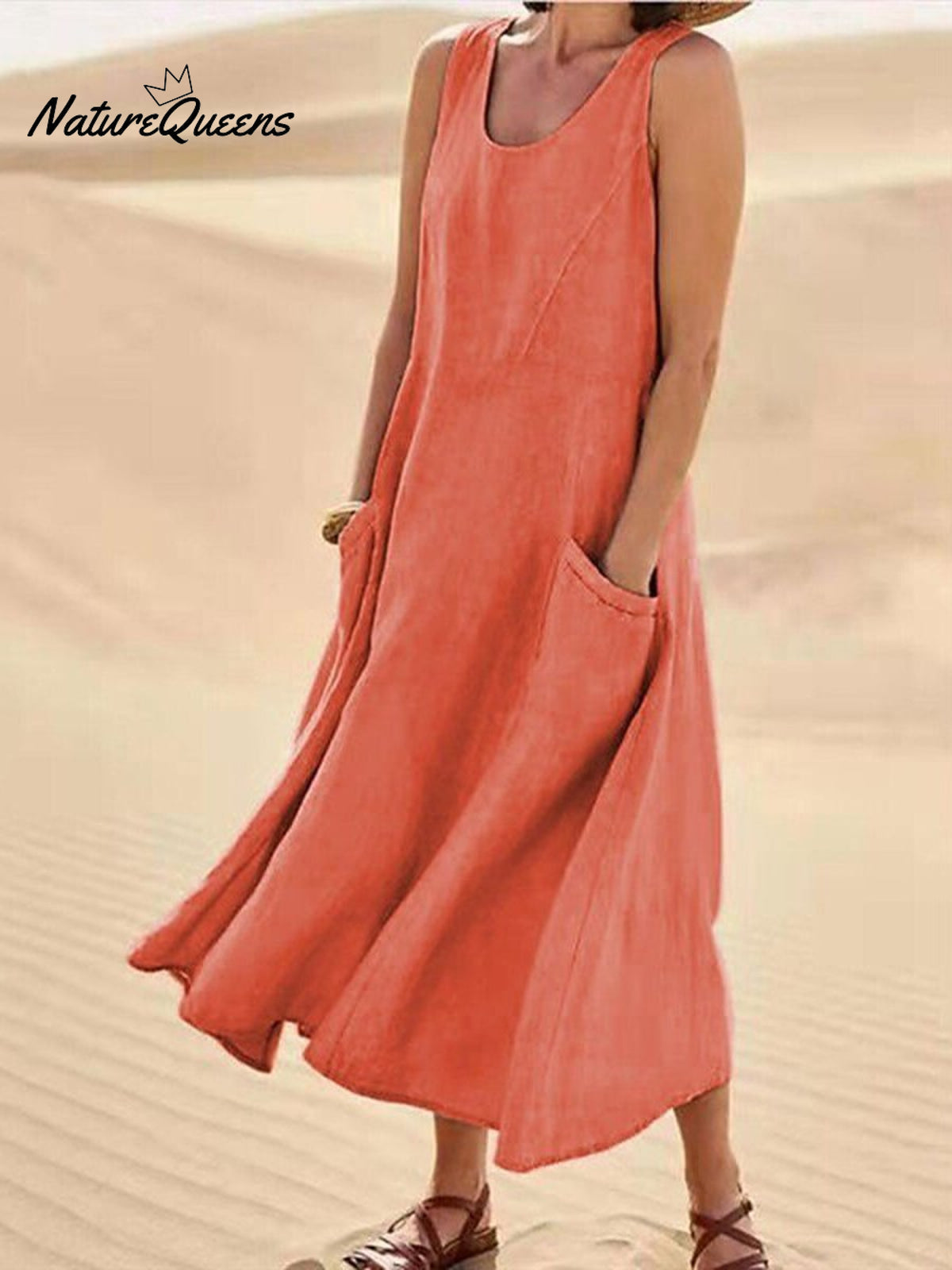 Women Sleeveless Sundress Elegant Round Neck Cotton Linen Solid Long Tank Casual Summer Dress