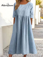 5 - Quarter Sleeve Casual Loose Solid Color Cotton And Linen Dress Blue / S