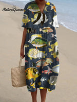 Women's Vintage Lovely Fish Art Print Flowy Dress