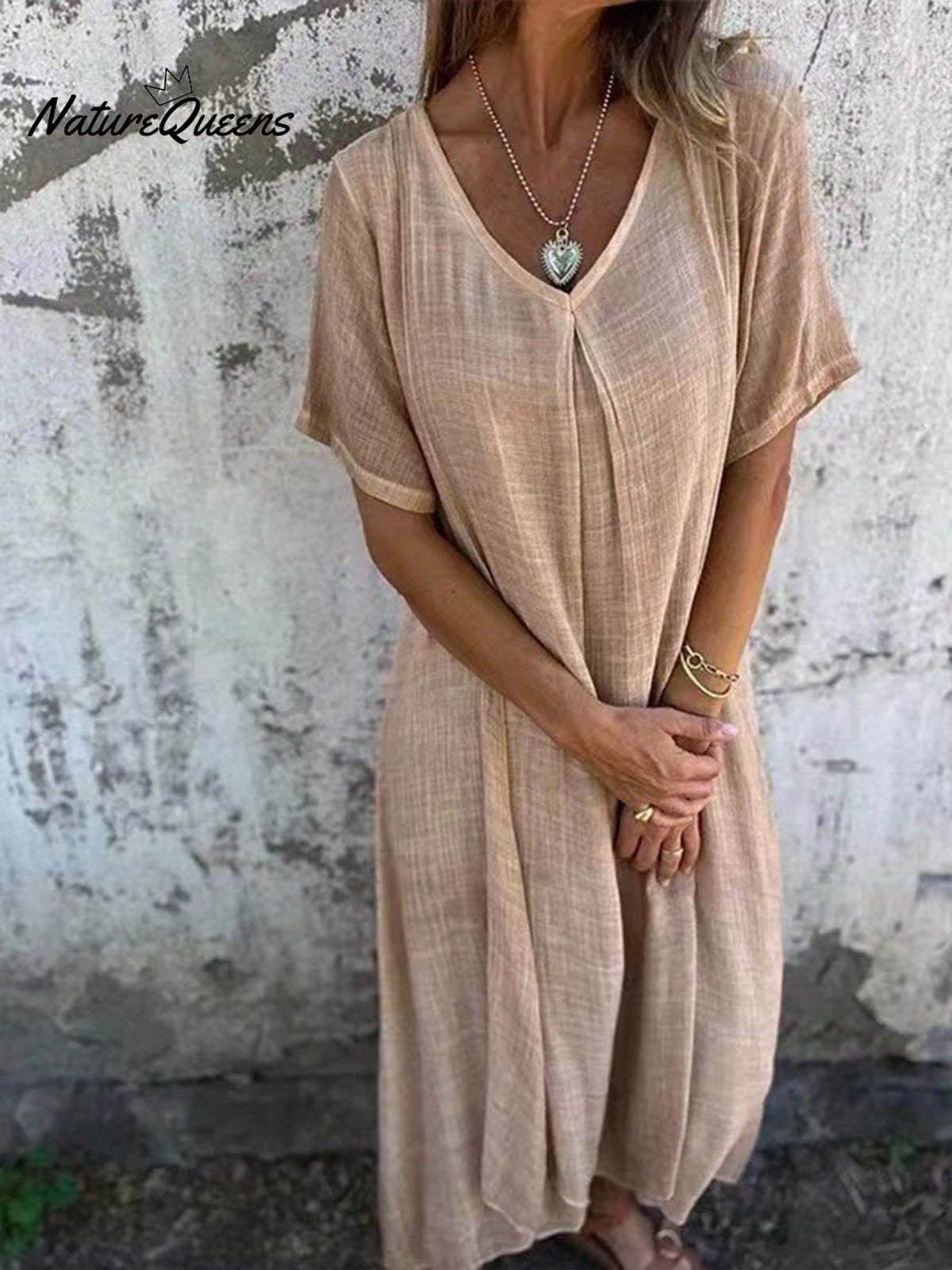 Stylish Cotton And Linen V - Neck Dress Apricot / Xs