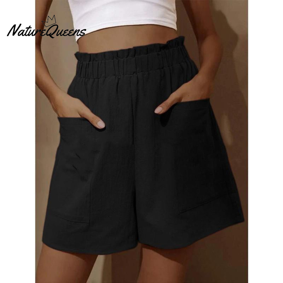 Cotton And Linen Wear High - Waisted Shorts With Buds Black / S