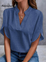 Women’s Summer Solid Colour V - Neck Loose Linen Shirt Navyblue / S