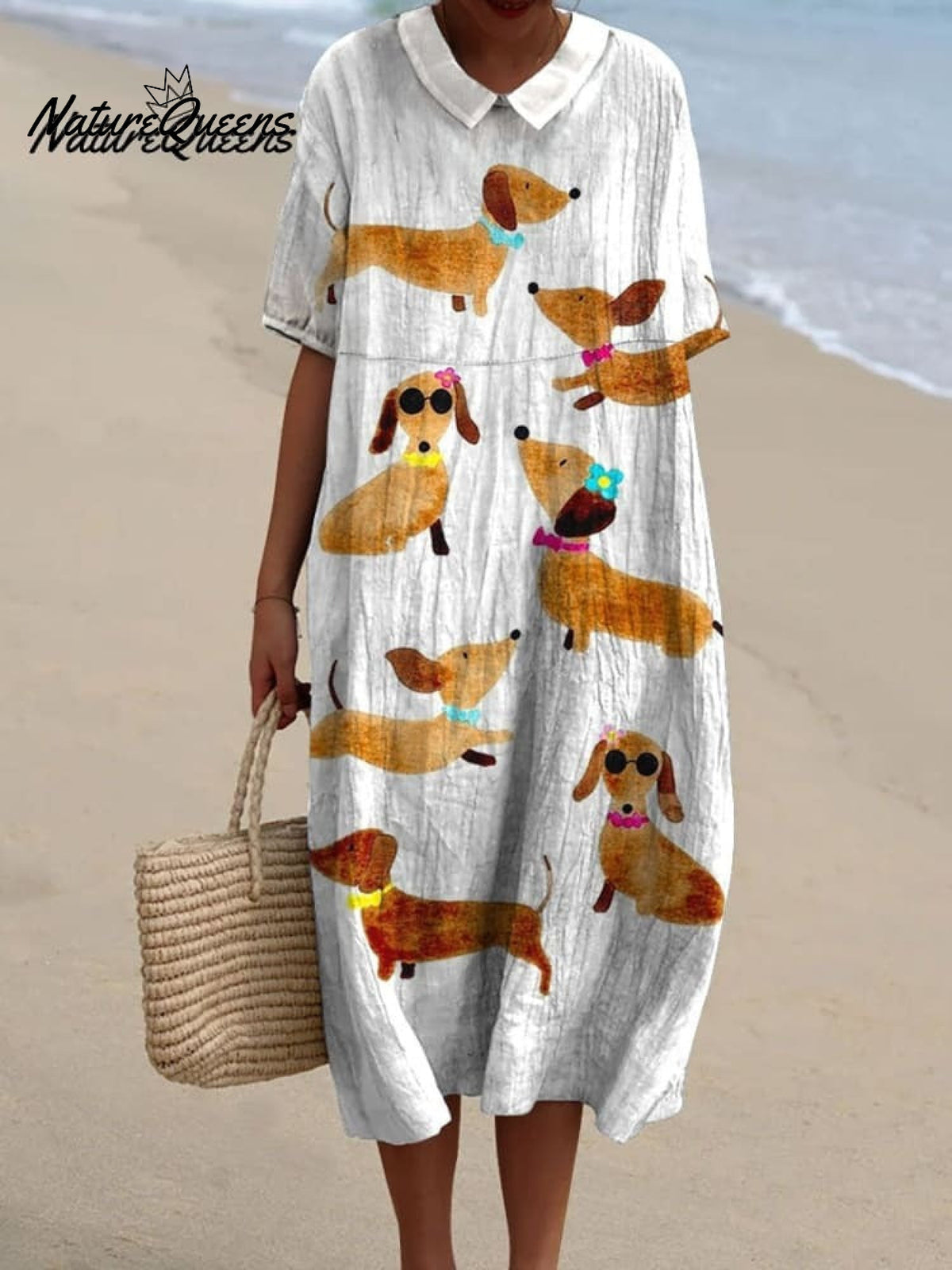 Cute Dog Dachshund Art Print Casual Cotton And Linen Shirt