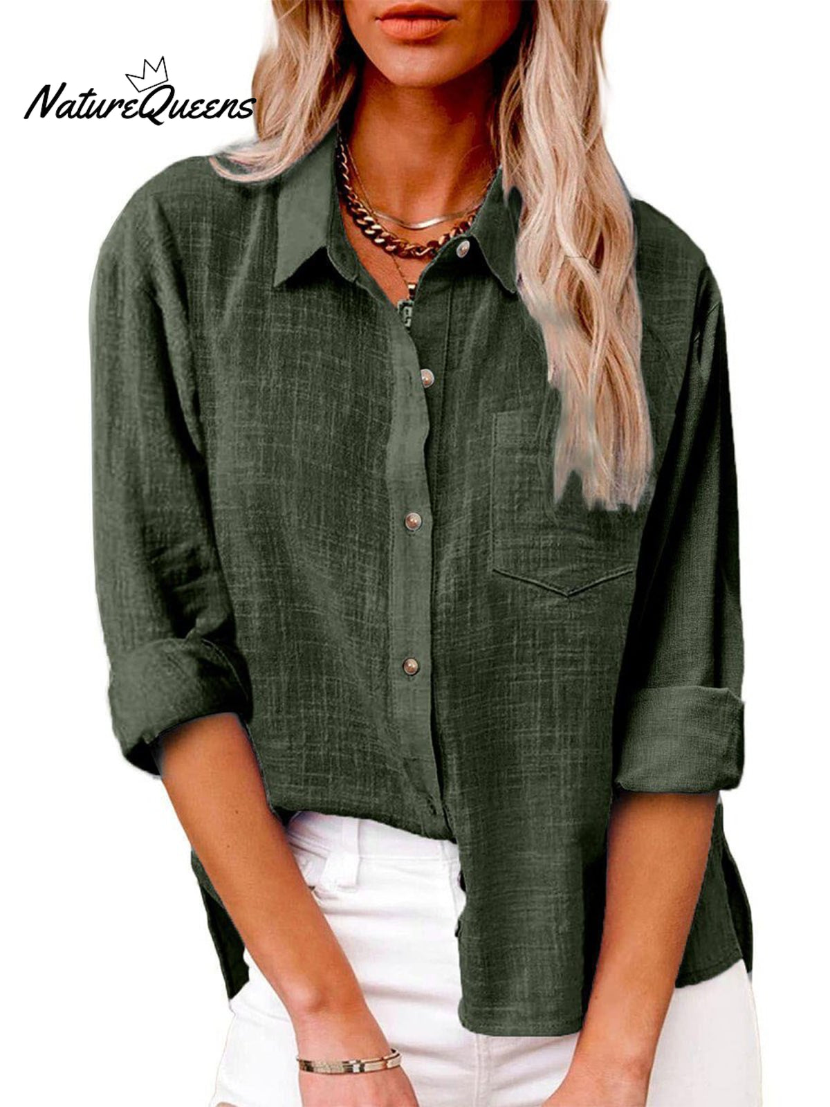 Women's Slit Cotton and Linen Long-sleeved Shirt