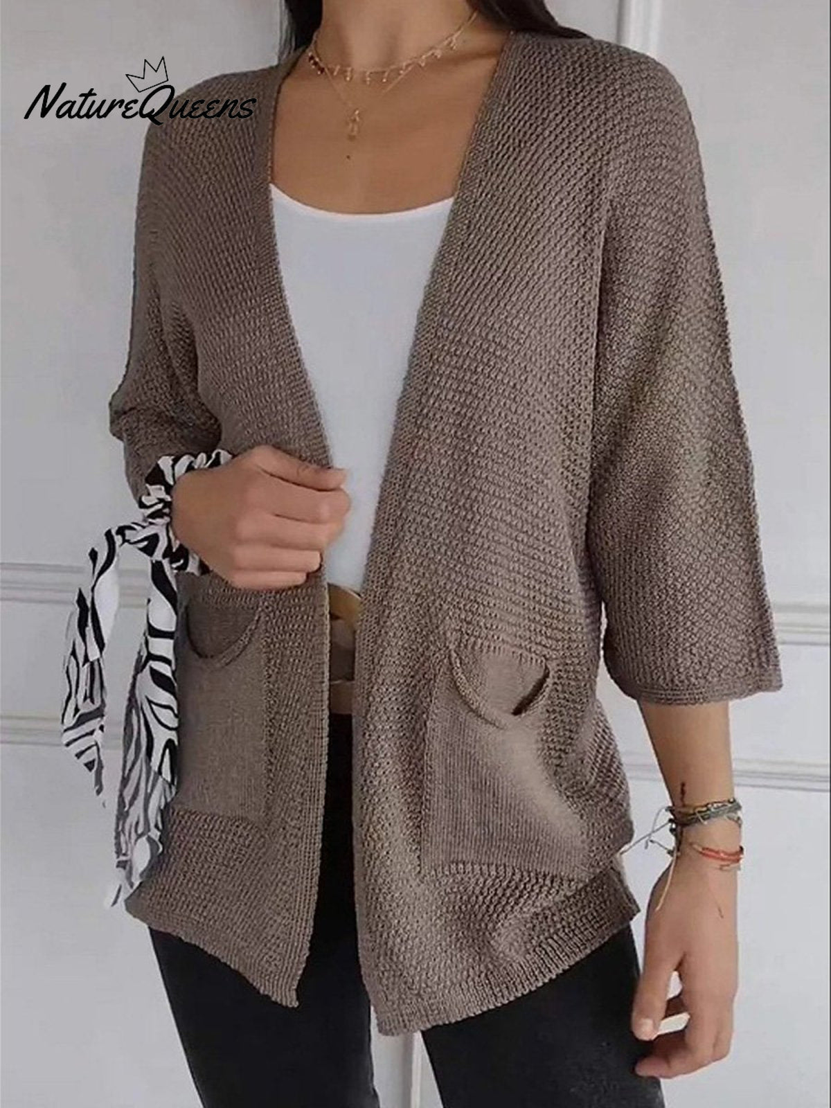 Women's Waffle Grid Texture Nine Quarter Sleeve Casual Cardigan Jacket