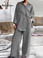 Women’s Nine - Quarter Sleeve Shirt And Trousers Two - Piece Suit Grey / S