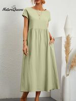 Women’s Solid Color Cotton Linen Round Neck A - Line Dress Light Green / S