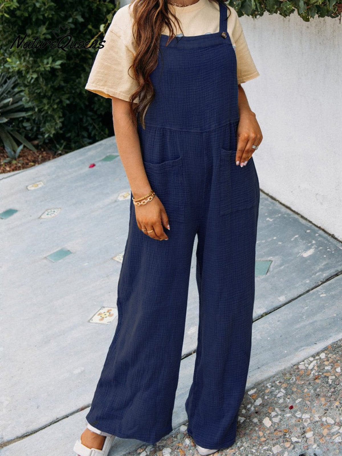 Women’s Casual Solid Colour Square Neck Jumpsuit With Pockets Navyblue / S