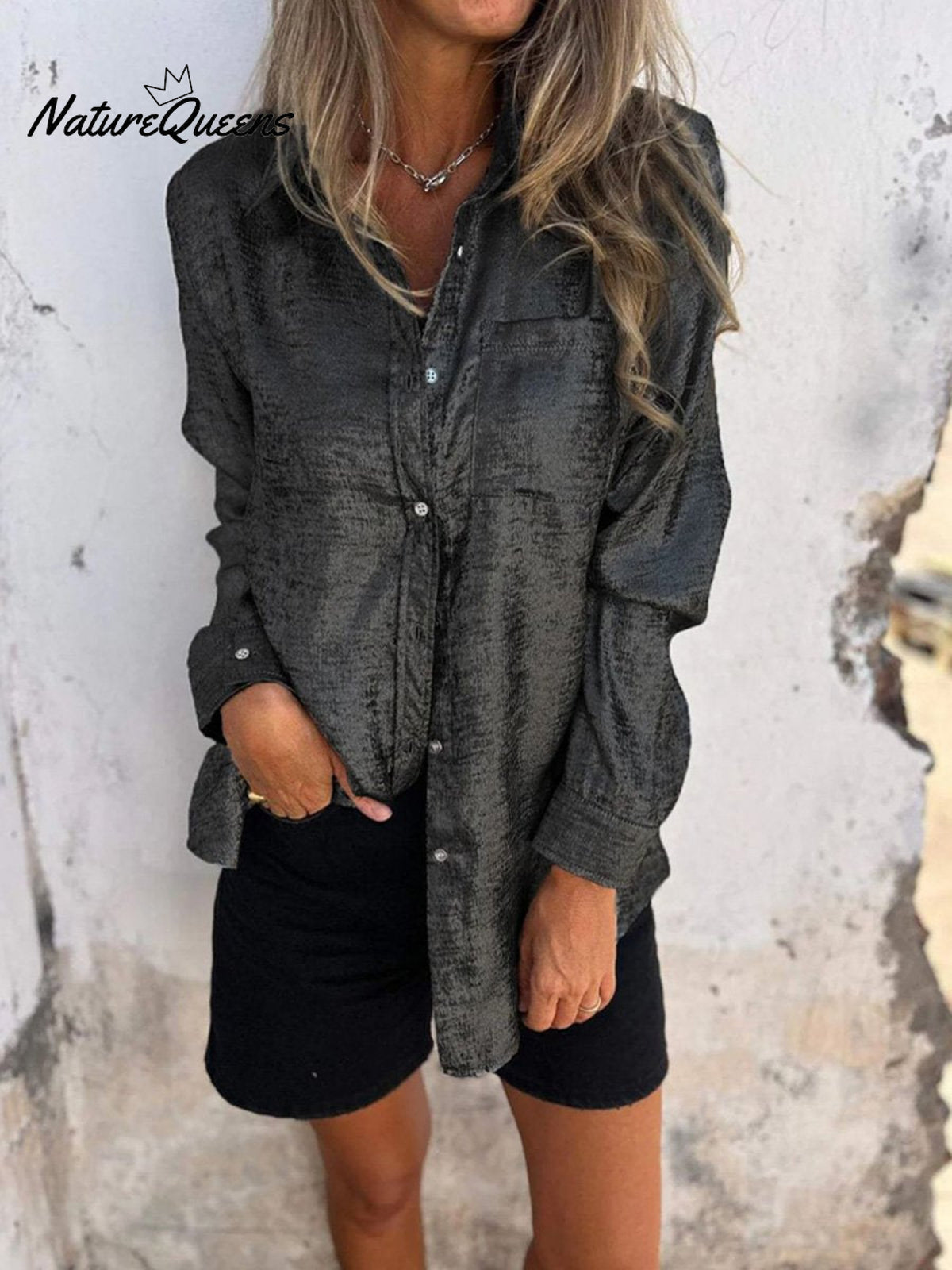 Casual Suede Lapel Neck Button Down Shirt Black / S