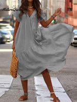 Temperament Cotton And Linen Loose V - Neck Women’s Dress Grey / S