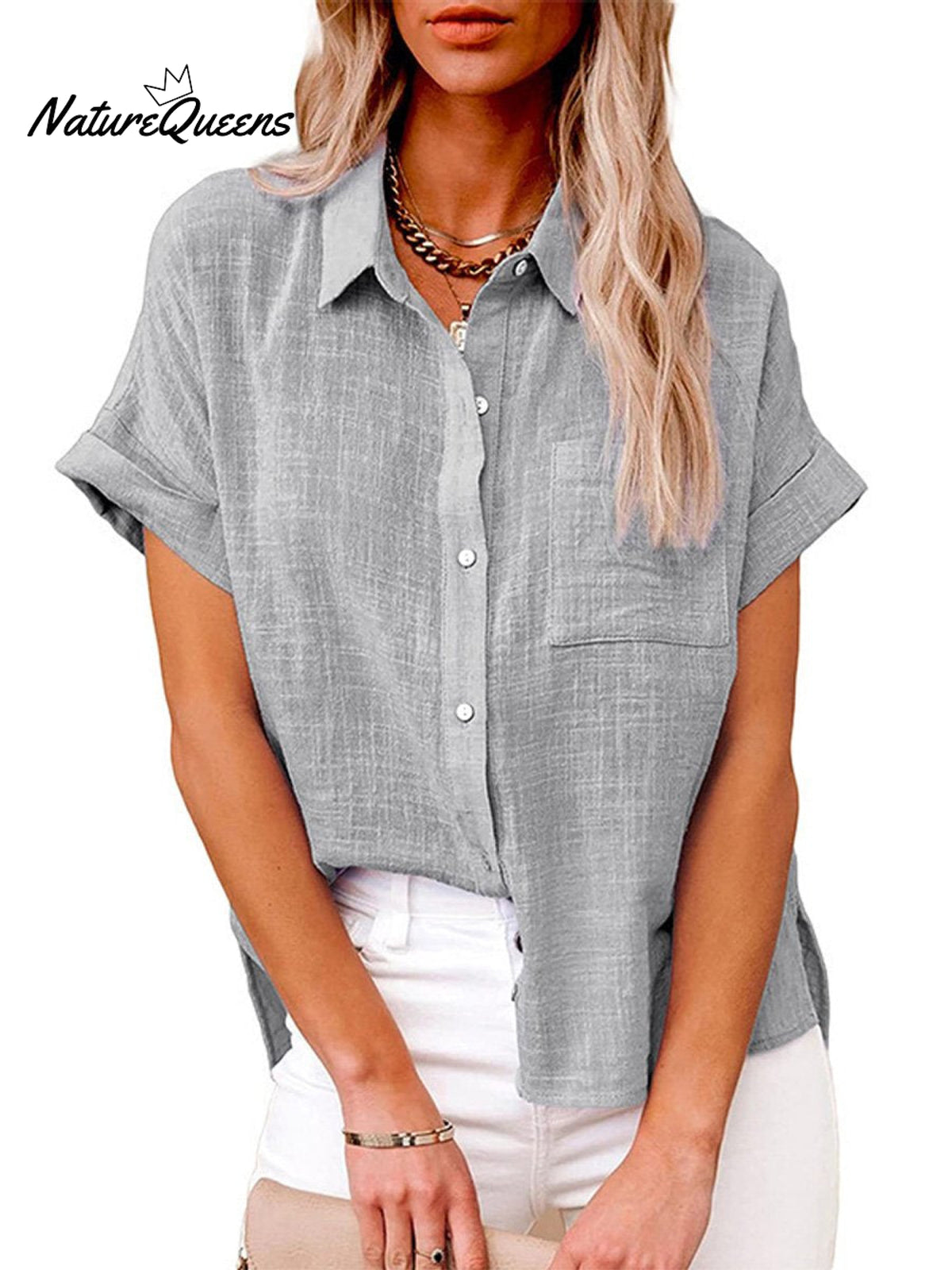 Women’s Solid Color Button Down Short Sleeve Shirt Grey / S