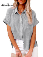 Women’s Solid Color Button Down Short Sleeve Shirt Grey / S