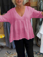 Women's Loose 3/4 Sleeve V-Neck Cotton and Linen Solid Color Shirt