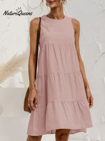 Cotton And Linen Sleeveless Crewneck Dress Pink / S