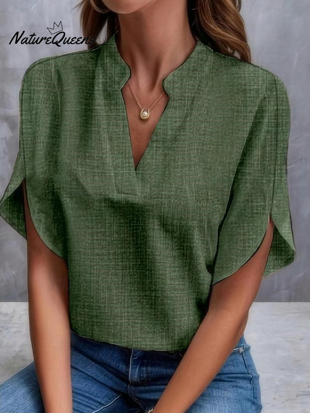 Women’s Summer Solid Colour V - Neck Loose Linen Shirt Armygreen / S