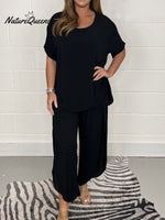 Women's Solid Color Cotton And Linen Short-sleeved Two-piece Suit