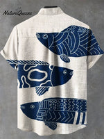 Vintage Fish Art Print Casual 100% Cotton Shirt