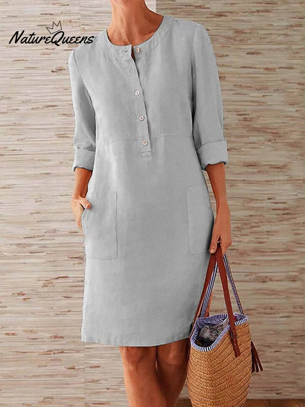 Spring Cotton And Linen Round Neck Long Sleeve Dress Grey / S