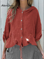 Women’s Hooded Drawstring Linen Casual Blouse Red / S