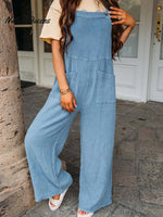 Women’s Casual Solid Colour Square Neck Jumpsuit With Pockets Lakeblue / S