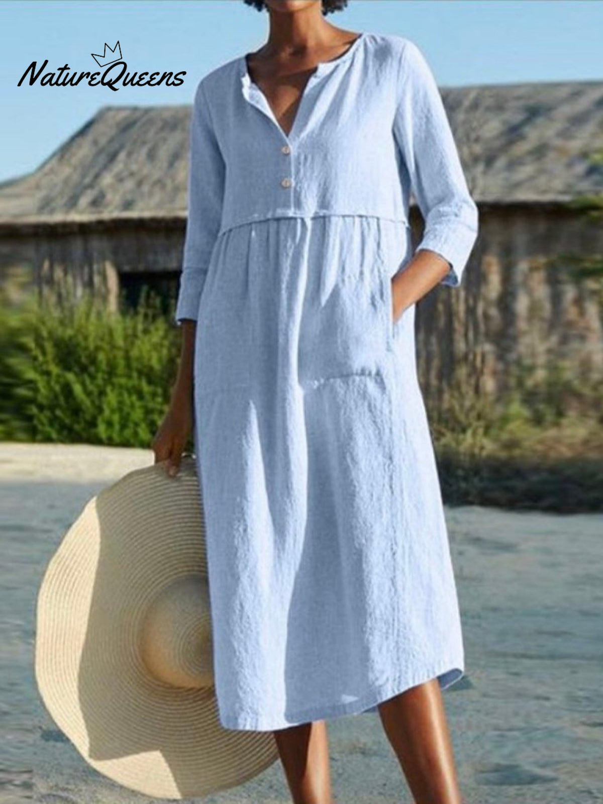Cotton And Linen Mid - Sleeve Dress Blue / S