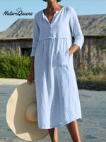 Cotton And Linen Mid - Sleeve Dress Blue / S