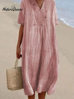 Women’s Solid Color Cotton And Linen Short Sleeve Dress Pink / S