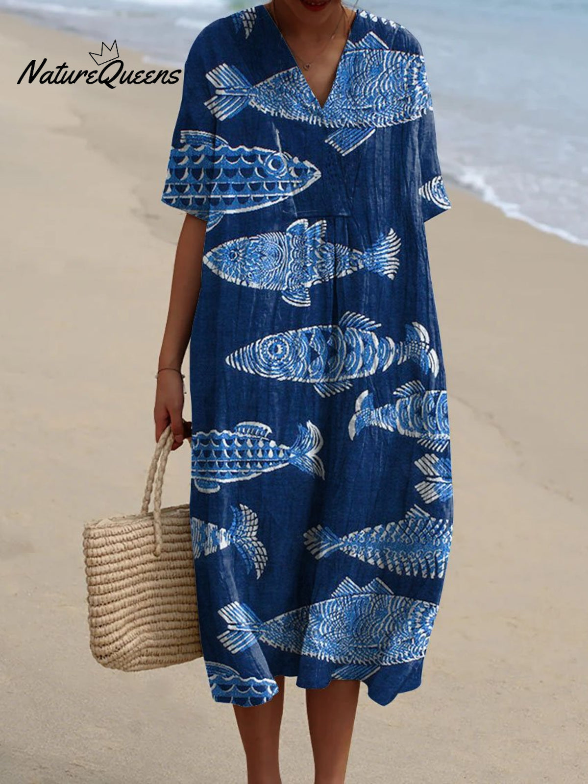 Women's Vintage Lovely Fish Art Print Flowy Dress