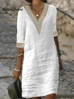 V - Neck Mid - Sleeved Cotton And Linen Casual Dress White / S