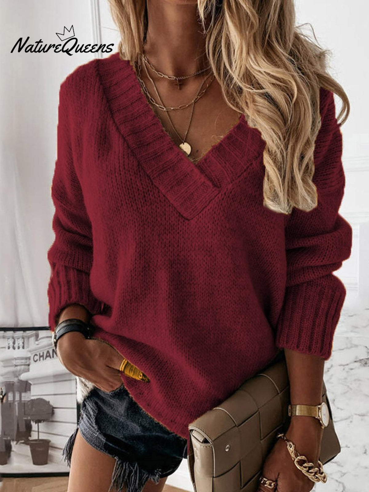 V-neck Long-sleeved Pullover Sweater Top