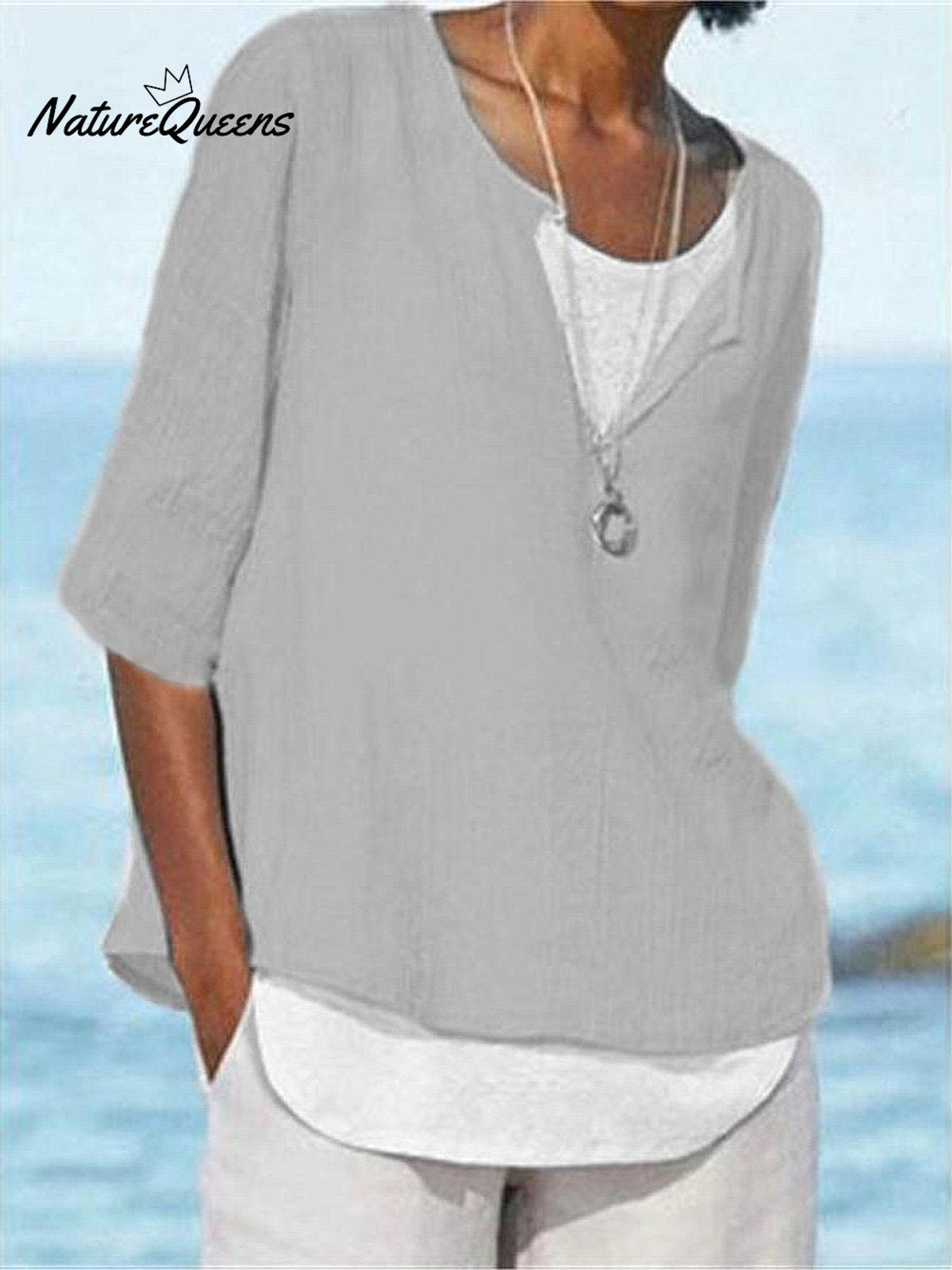 Women's Solid Color Loose Elegant Casual Cotton And Linen Mid-sleeve Shirt