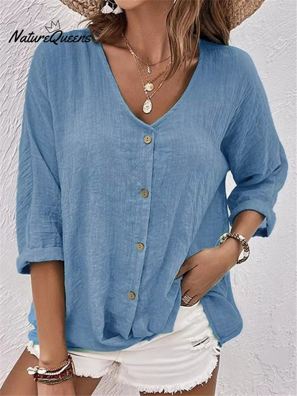 Casual V - Neck Pullover Short - Sleeved Blouse Blue / S