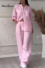 Casual solid color cotton and linen pants two-piece set