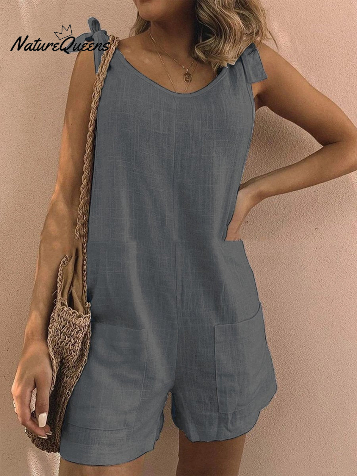 Women’s Cotton Overalls Casual Sleeveless Shorts Romper Jumpsuit Grey / S