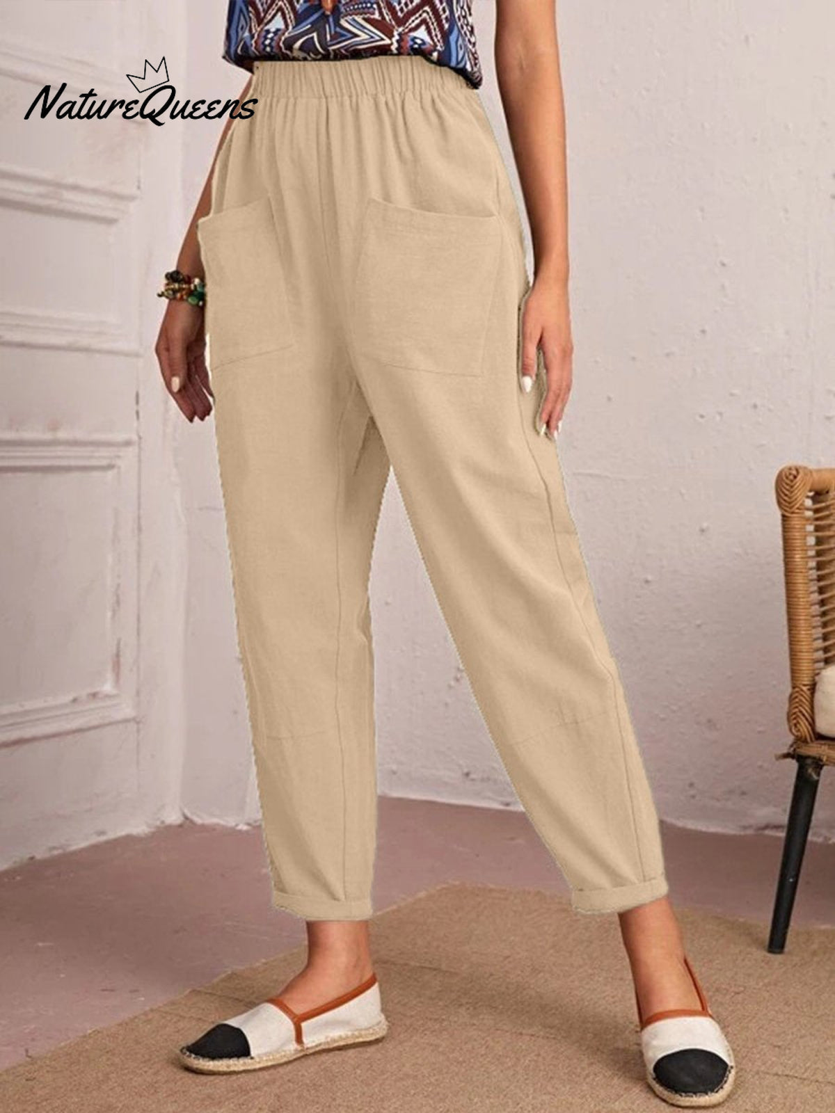 Cotton And Linen Elastic Waist Pocket Tapered Pants