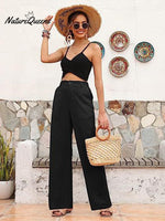 Women’s Linen High Waist Straight Wide Leg Summer Beach Pants Black / S