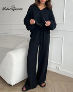 Casual Two-Pieces Outfits Solid Color Casual Top Loose Bootcut Trousers Pants Sets