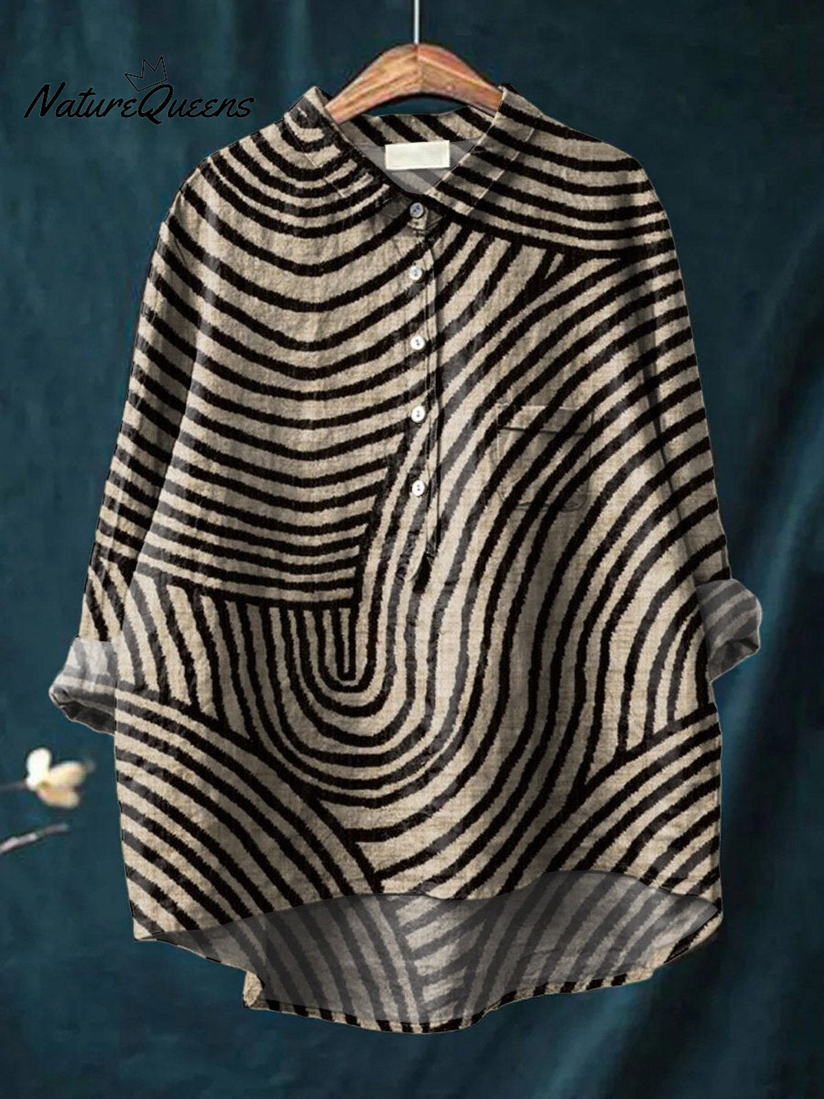 Women's Circular Line Pattern Print Casual Cotton And Linen Shirt