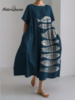 Women's Vintage Lovely Fish Art Print Large Size Loose Casual Dress